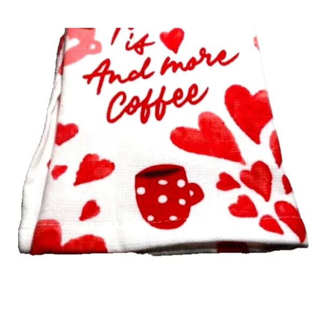 All You Need is Love and Coffee Kitchen Towels 2-piece Pink Hearts on White NWT